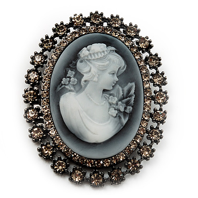 Oversized Oval Crystal Cameo Brooch (Gun Metal) - main view