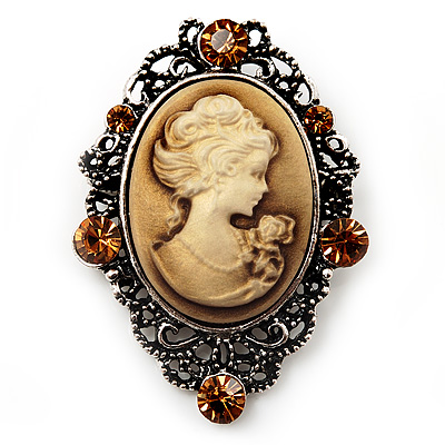 Crystal Vintage 'Lady' Cameo Brooch/Pendant In Burn Gold Metal - main view