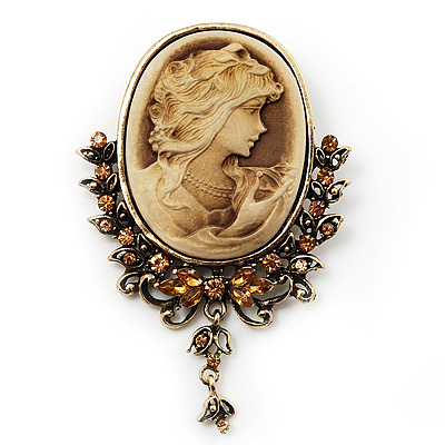 Vintage Diamante Charm Cameo Brooch/Pendant In Antique Gold Metal - main view