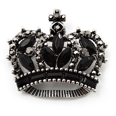 Black CZ Crown Brooch In Burn Silver Metal - main view