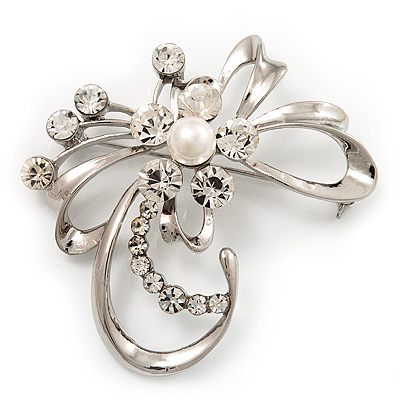 Delicate Clear Crystal Floral Brooch (Silver Tone Metal) - main view