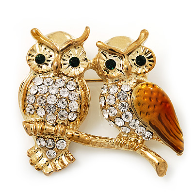 Two Crystal Sitting Owls Brooch (Bright Gold Tone Metal) - main view