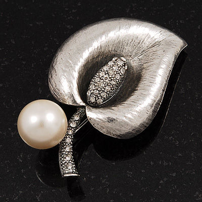 Vintage Crystal 'Leaf' And Simulated Pearl Brooch (Burn Silver Finish) - main view