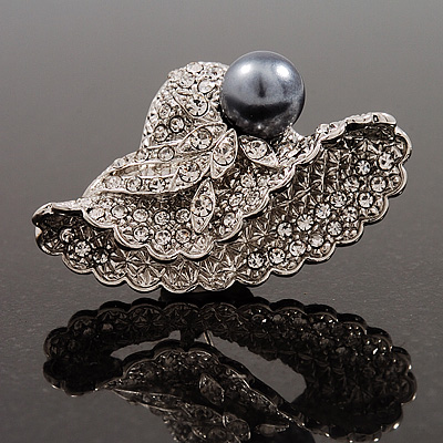 Diamante 'Sweet Little Hat' With Black Simulated Pearl Brooch (Silver Tone Metal) - main view