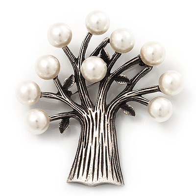 Antique Silver Faux Pearl Tree Brooch (Vintage Style) - main view