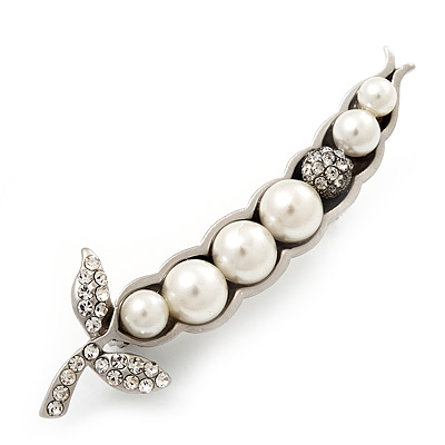 'Pea Pod' Crystal-Accented Brooch In Silver Tone Metal - main view