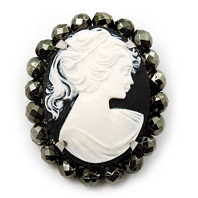 'Lady' Black & White Cameo Brooch - main view