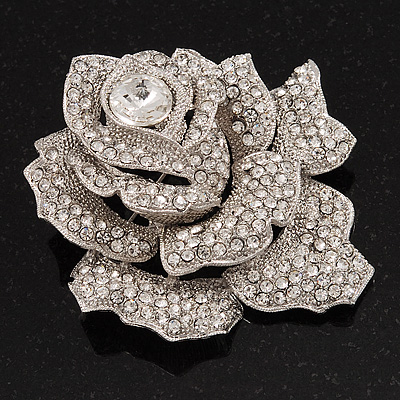Large Crystal Dimensional Rose Corsage Brooch In Rhodium Plated Metal - main view