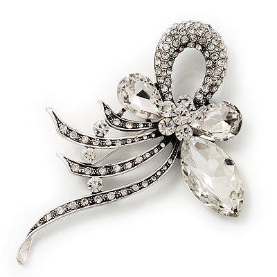 Statement Diamante Abstract Floral Brooch In Rhodium Plated Metal - 10cm Length