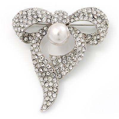 Stunning Diamante Simulated Pearl Bow Brooch In Rhodium Plated Metal - main view