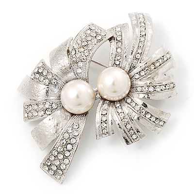 Abstract Simulated Pearl Floral Brooch In Rhodium Plated Metal - main view