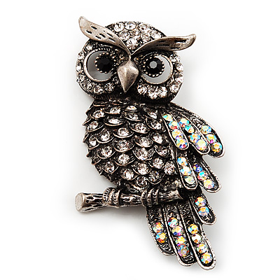 Antique Silver Crystal Owl Brooch - main view