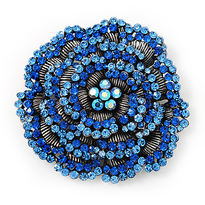 Spectacular Dimensional Rose Brooch In Aged Silver Tone Metal In Blue Shades - 60mm D