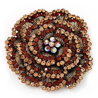 Spectacular Brown Dimensional Rose Brooch (Antique Gold Tone) - main view