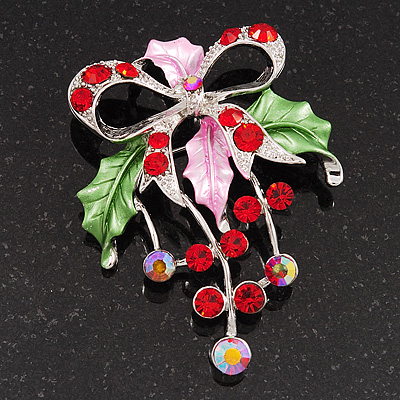 Red/Green Crystal Grapes And Bow Brooch (Silver Tone) - main view