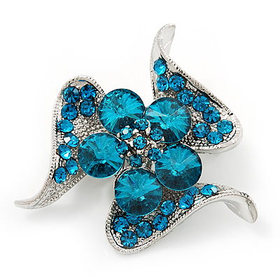 Dazzling Teal Blue Crystal Floral Brooch - main view