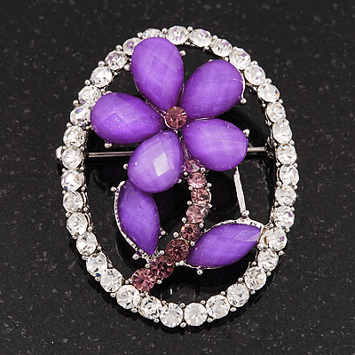 Purple Daisy In The Oval Frame Crystal Brooch (Silver Tone) - main view