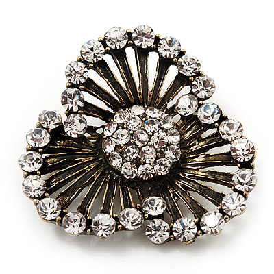 Vintage 3-Petal Flower Diamante Brooch In Bronze Metal - main view
