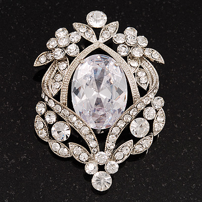 Clear CZ Deco Brooch In Rhodium Plated Metal