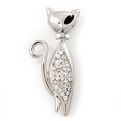 Stylish Diamante Kitty Brooch In Rhodium Plated Metal