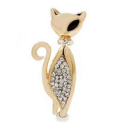 Stylish Diamante Kitty Brooch In Gold Plated Metal - main view
