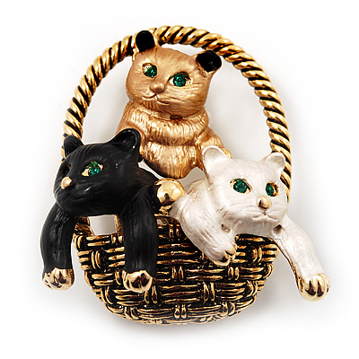 Cute 'Kittens In The Basket' Brooch In Gold Plated Metal - main view