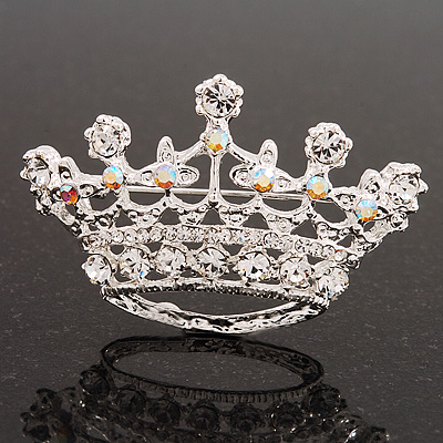 Clear & AB Crystal Crown Brooch In Rhodium Plated Metal - main view