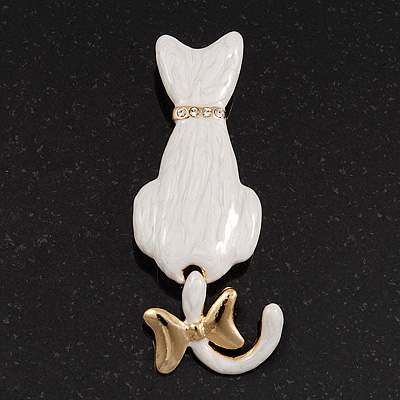 White Enamel Cat&Bow Brooch (Gold Tone Metal) - main view