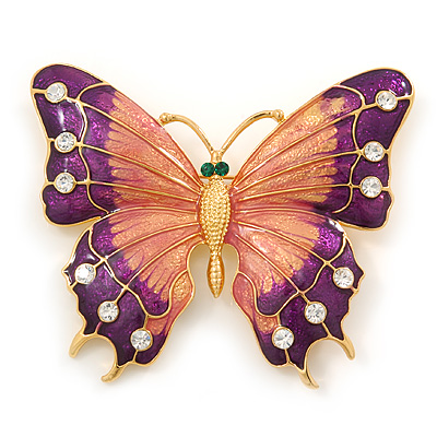 Oversized Deep Purple Enamel Butterfly Brooch (Gold Tone Metal)
