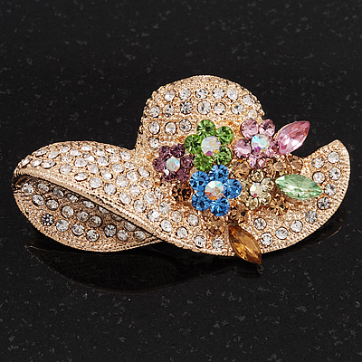 Charming Diamante 'Hat' Brooch In Gold Plated Metal - main view