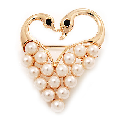 Simulated Pearl Heart With Two Swan Brooch (Gold Plated Metal) - main view