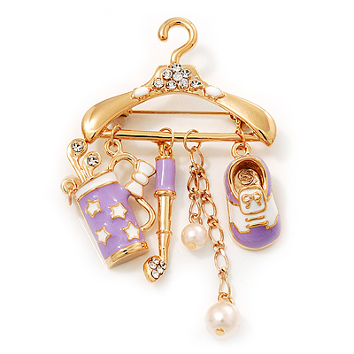 Stylish Lavender/ White Enamel, Clear Crystal Golfer Set Brooch In Gold Tone - 75mm Tall - main view