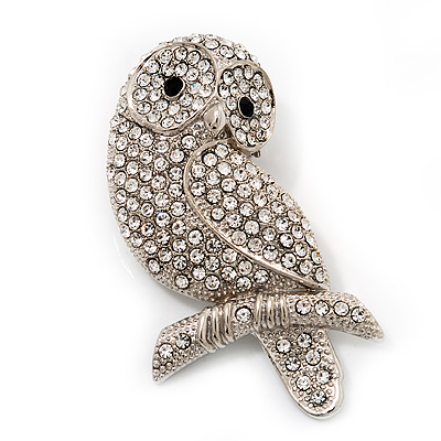 'Wise Owl' Clear Crystal Brooch (Silver Tone Metal) - main view
