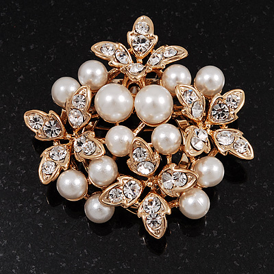 White Faux Imitation Pearl Crystal Scarf Pin/ Brooch In Gold Plated Metal - main view