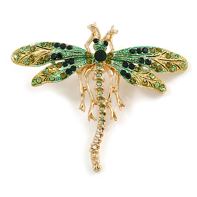 Green/ Olive Swarovski Crystal Dragonfly Brooch in Gold Tone Metal - 70mm Across - main view