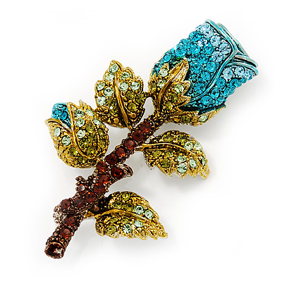Exquisite Teal Blue Swarovski Crystal Rose Brooch (Gold Plated Metal) - 60mm Across - main view