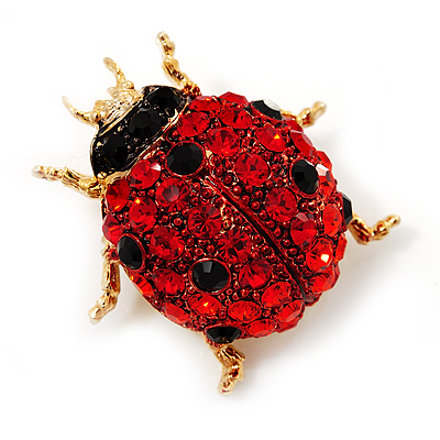 Red Swarovski Crystal Ladybug Brooch (Gold Tone Metal) - 30mm Length - main view