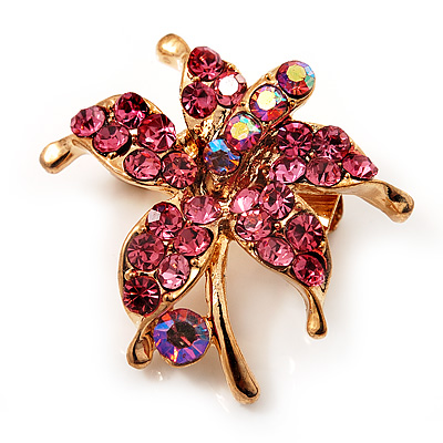 Tiny Pink Crystal Daisy Floral Pin In Gold Plated Metal