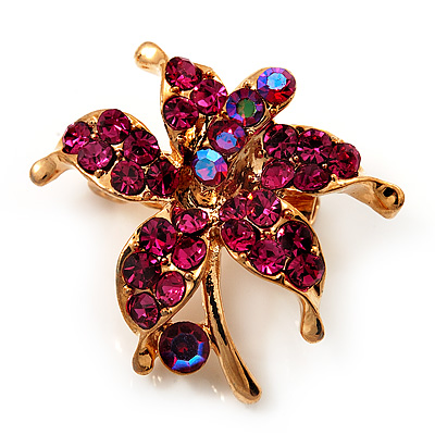 Tiny Magenta Crystal Daisy Floral Pin In Gold Plated Metal - main view