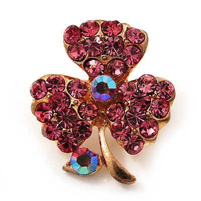 Tiny Pink Crystal Clover Pin Brooch (Gold Tone) - main view