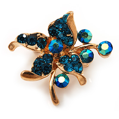 Tiny Teal Crystal Flower Pin Brooch (Gold Tone) - main view