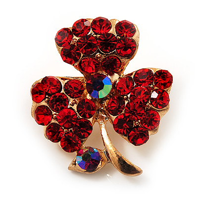 Tiny Red Crystal Clover Pin Brooch (Gold Tone) - main view