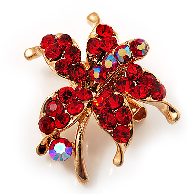 Tiny Red Crystal Daisy Floral Pin In Gold Plated Metal