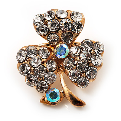 Tiny Clear Crystal Clover Pin Brooch (Gold Tone) - main view