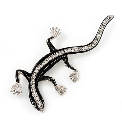 Large Diamante Black Enamel Lizard Brooch In Rhodium Plated Metal - 11cm Length - main view
