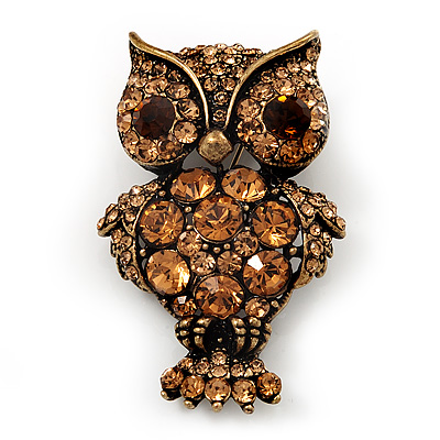 Antique Gold Metal Amber Coloured Crystal Owl Brooch - main view