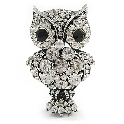 Antique Silver Metal Clear Crystal Owl Brooch - main view