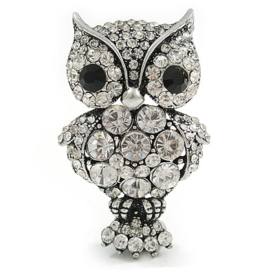 Antique Silver Metal Clear Crystal Owl Brooch