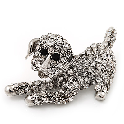 'Happy Puppy' Clear Crystal Brooch (Rhodium Plated Metal) - main view
