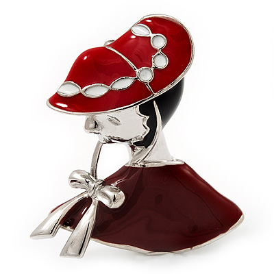'Lady In The Hat' Red Enamel Brooch In Rhodium Plated Metal - main view